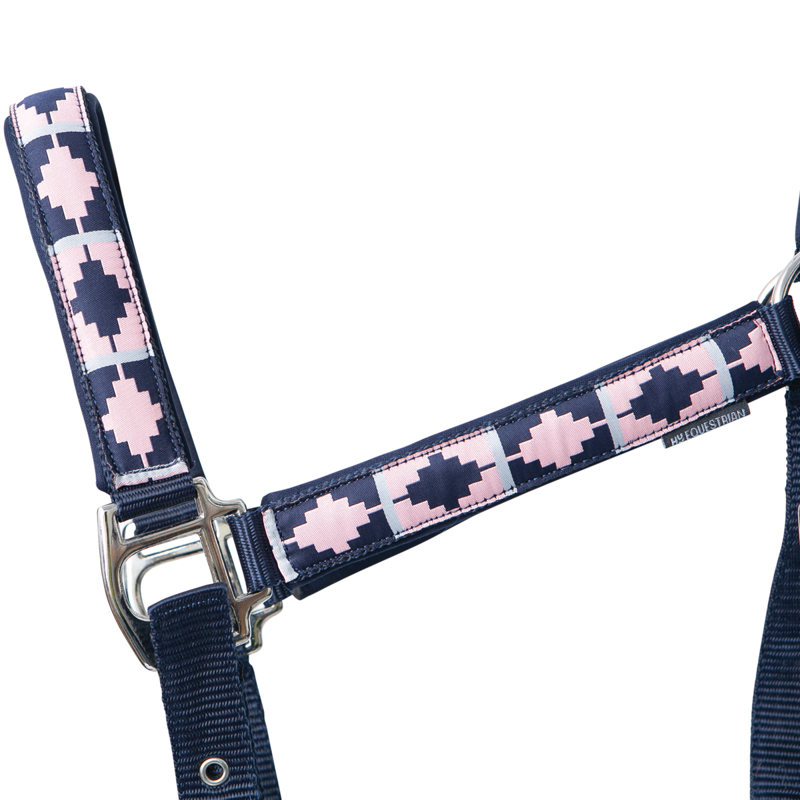 Hy Equestrian Woven Polo Headcollar and Leadrope - Navy/Rose-2